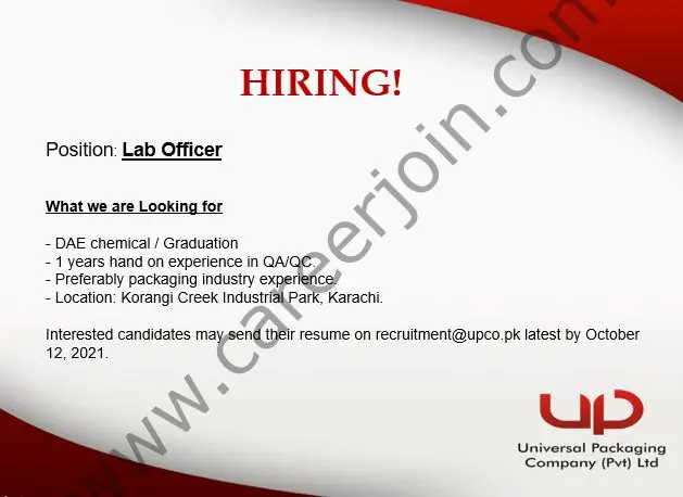 Universal Packaging Company Pvt Ltd Jobs Lab Officer 01