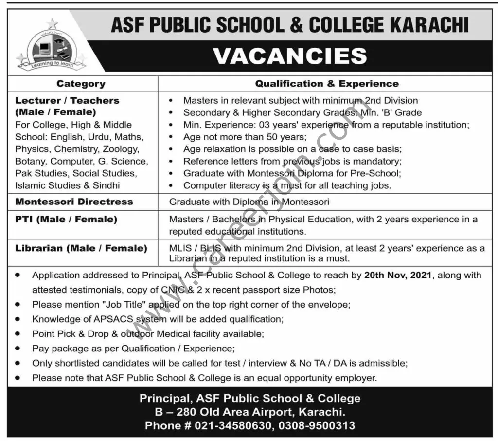 ASF Public School & College Karachi Jobs 14 November 2021 Dawn