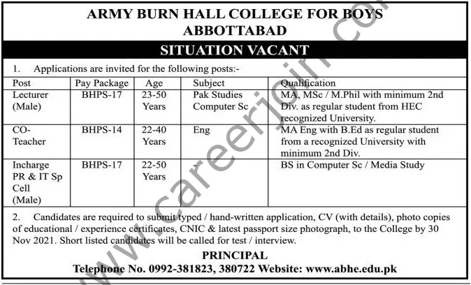 Army Burn Hall College For Boys Abbottabad Jobs 21 November 2021 Express Tribune 01