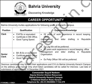 Bahria University Jobs 28 November 2021 Jang 01