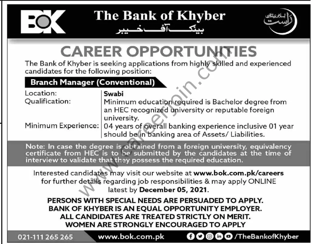 Bank of Khyber BOK Jobs 28 November 2021 Dawn 01