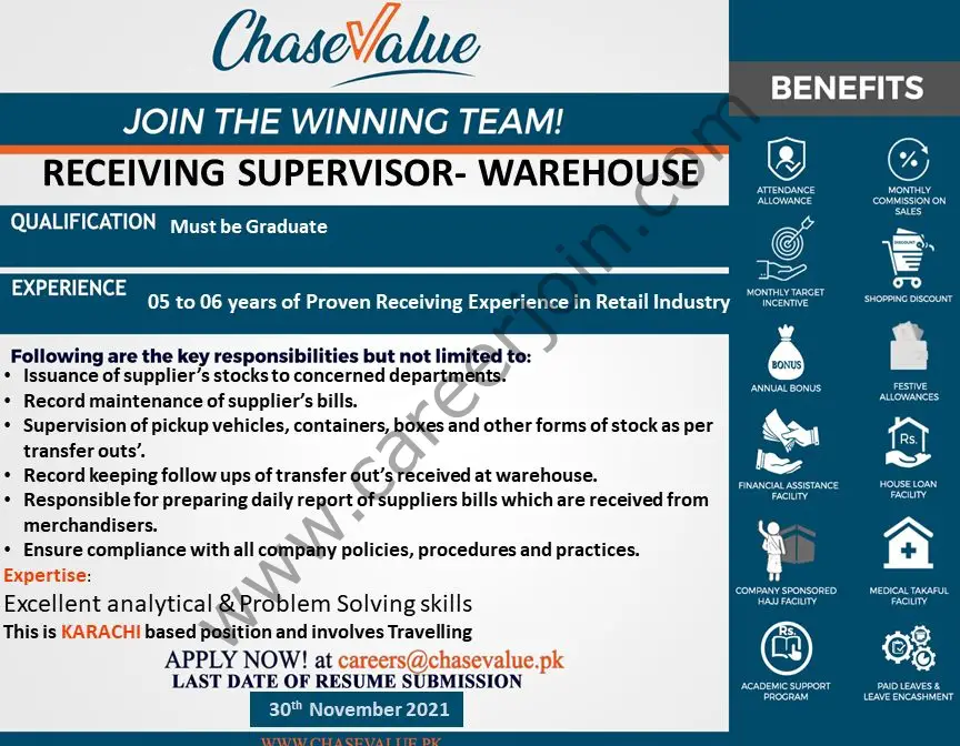 Chase Value Jobs Receiving Supervisor Warehouse 01