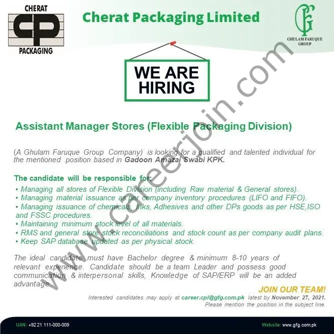 Cherat Packaging Company Ltd Jobs Assistant Manager Stores 01