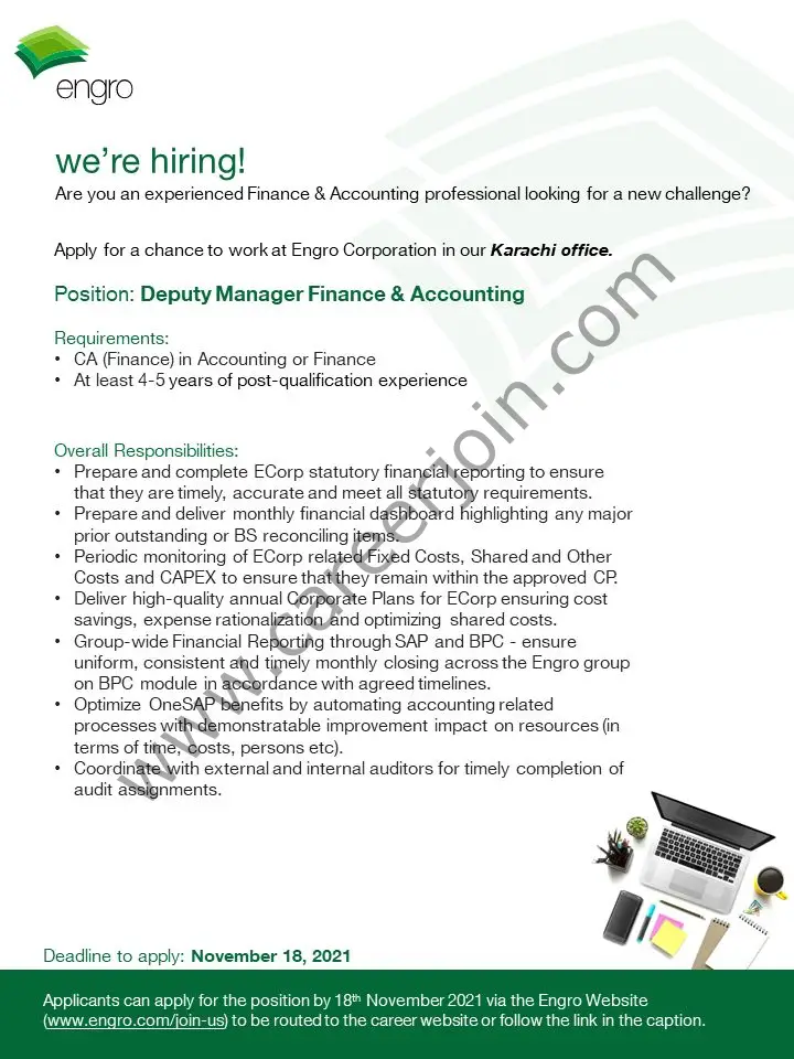 Engro Corporation Limited Jobs Deputy Manager Finance & Accounting 01