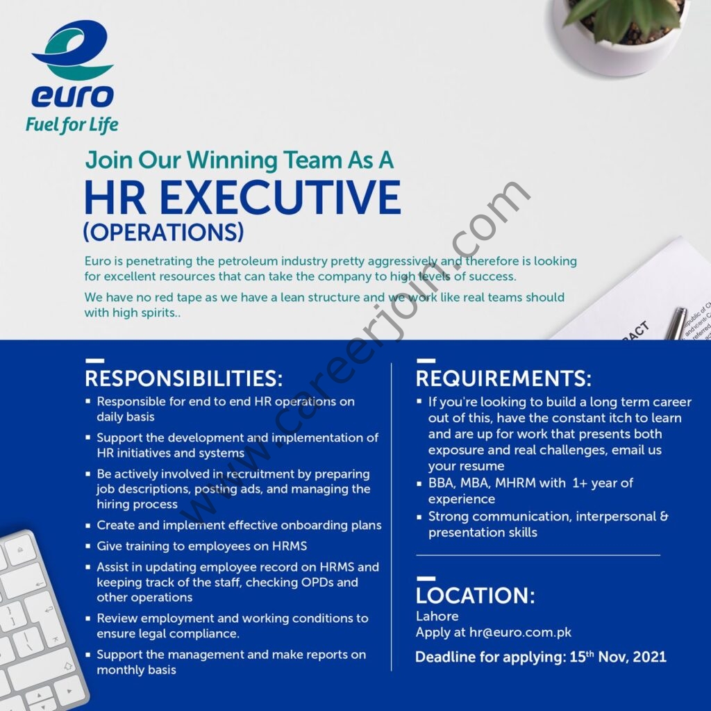 Euro Oil Pakistan Jobs HR Executive Operations 01
