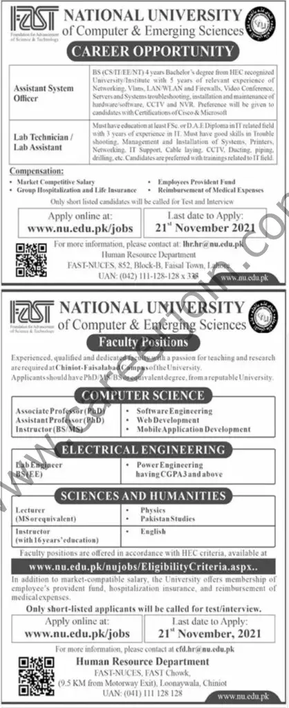 FAST National University of Computer & Emerging Sciences Jobs November 2021 01