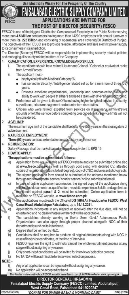 Faisalabad Electric Supply Company Limited FESCO Jobs Director (Security) 01