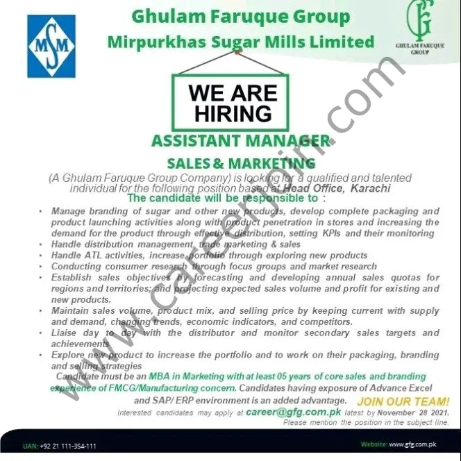 Mirpurkhas Sugar Mills Limited Jobs Assistant Manager Sales & Marketing 01