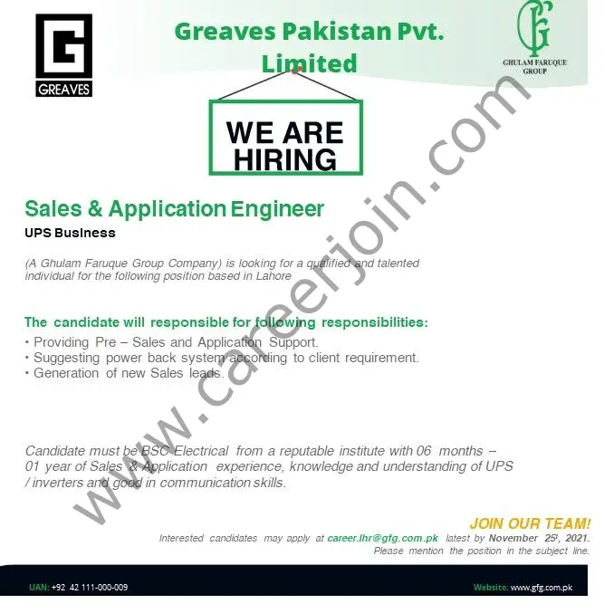 Greaves Pakistan Pvt Ltd Jobs Sales & Application Engineer 01