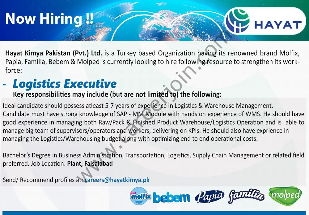 Hayat Kimya Pakistan Pvt Ltd Jobs Logistics Executive 01