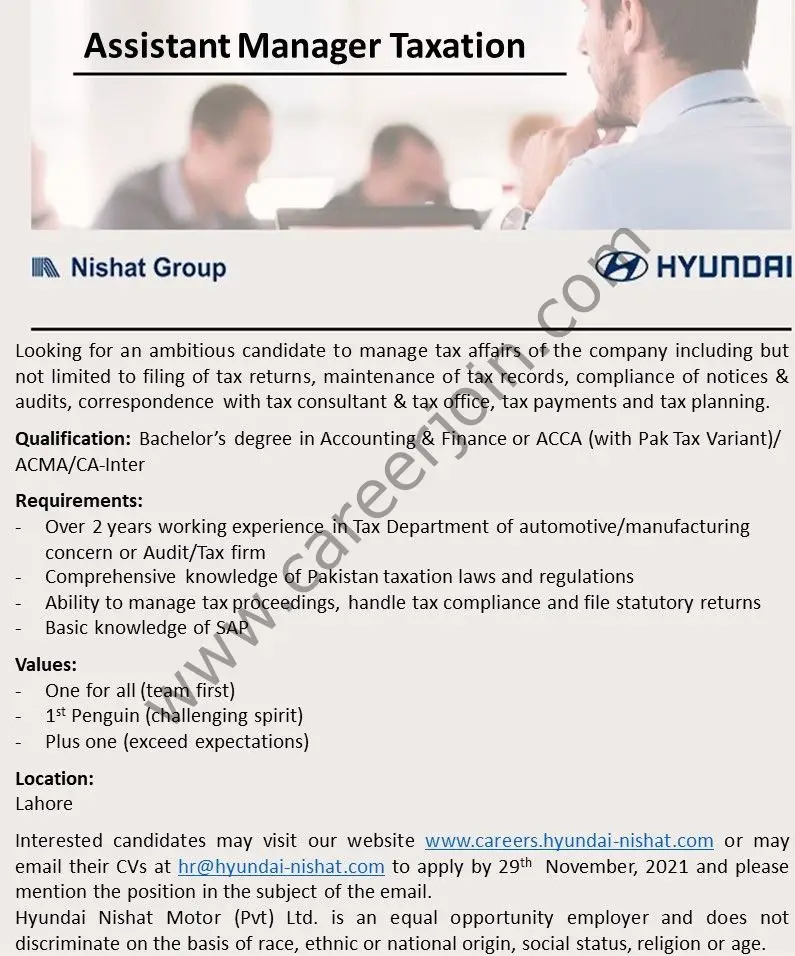 Hyundai Nishat Motors Pvt Ltd Jobs Assistant Manager Taxation 01