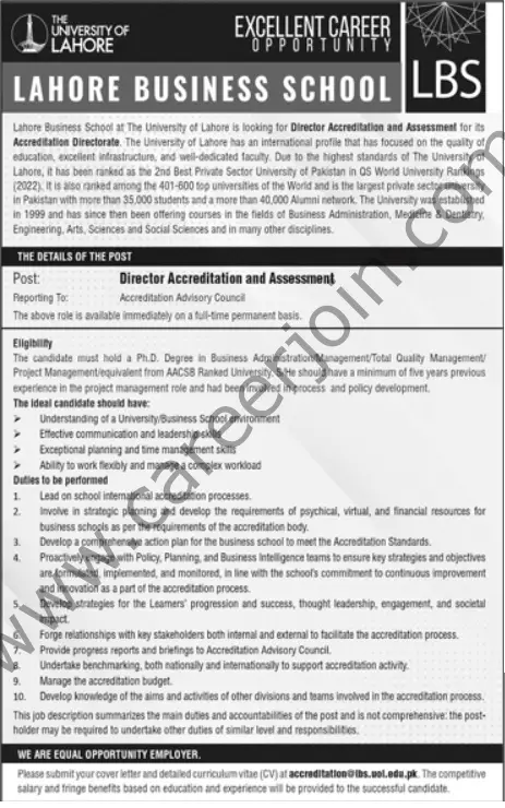 Lahore Business School LBS Jobs Director Accreditation & Assessment 01