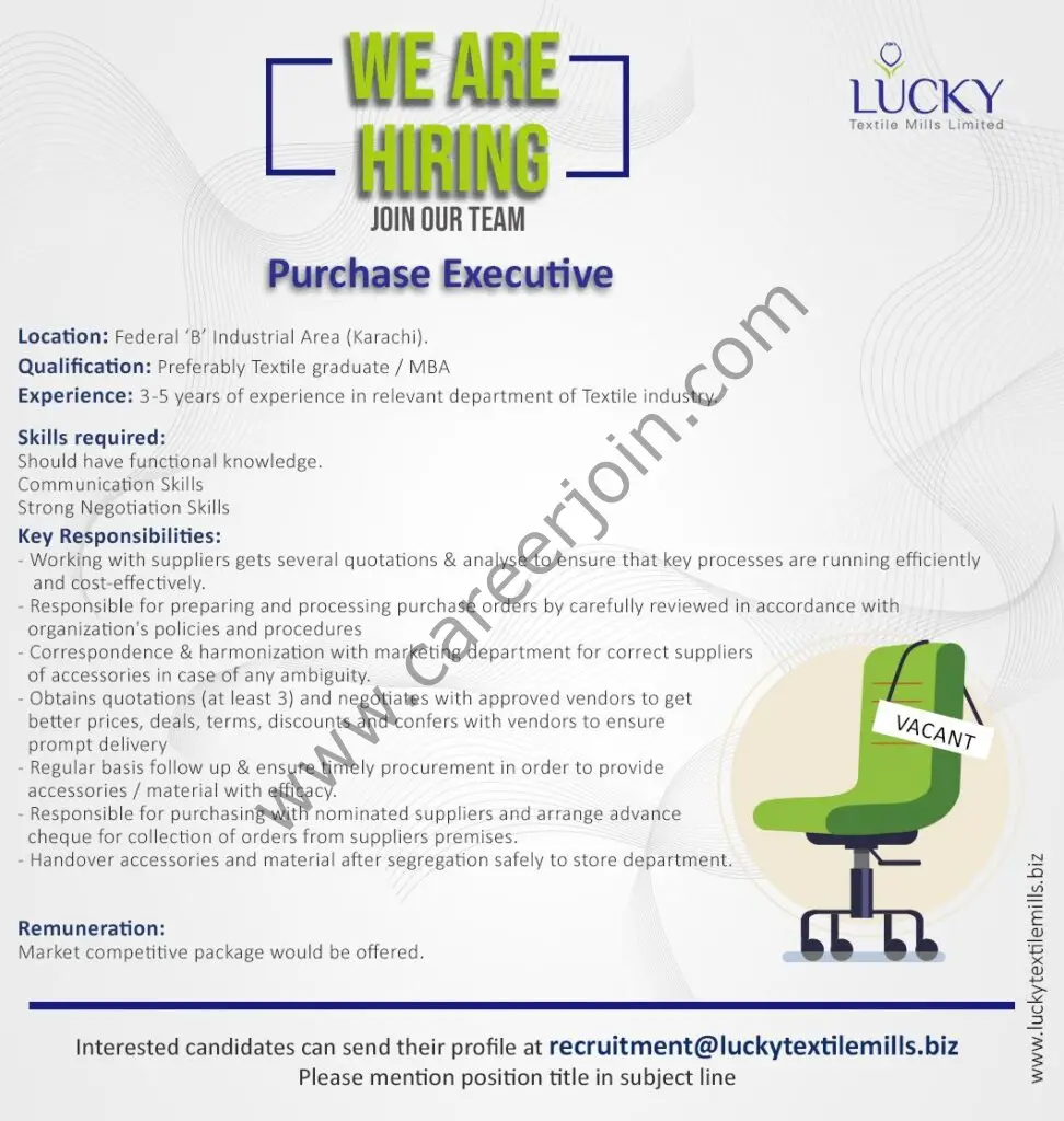 Lucky Textile Mills Limited Jobs Purchase Officer 01
