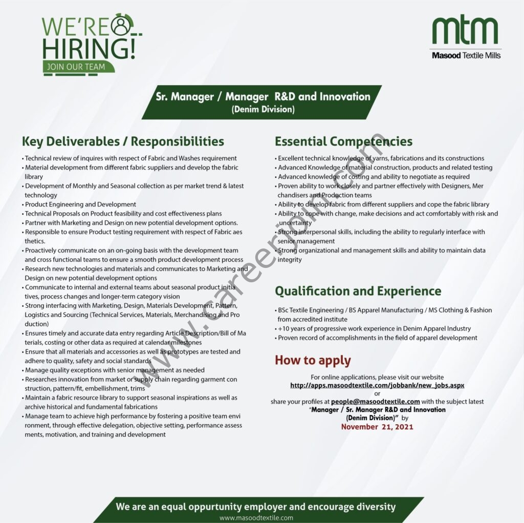 Masood Textile Mills Limited Jobs Senior Manager / Manager R&D and Innovation 01