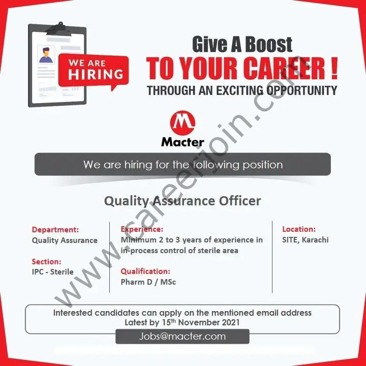 Macter International Pvt Ltd Jobs Quality Assurance Officer 01