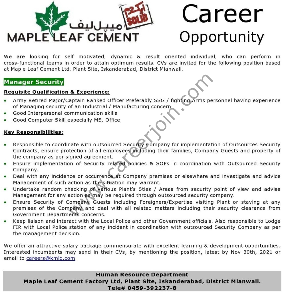 Maple Leaf Cement Pvt Ltd Jobs November 2021 02