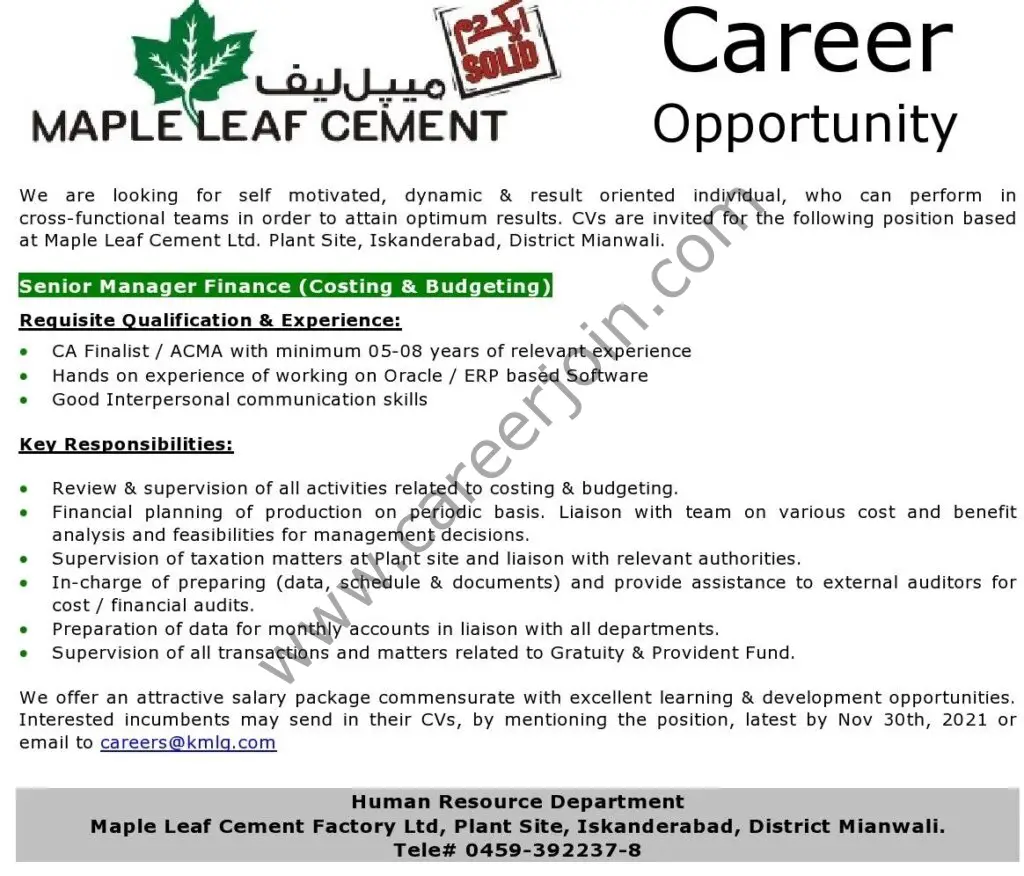 Maple Leaf Cement Pvt Ltd Jobs November 2021 01