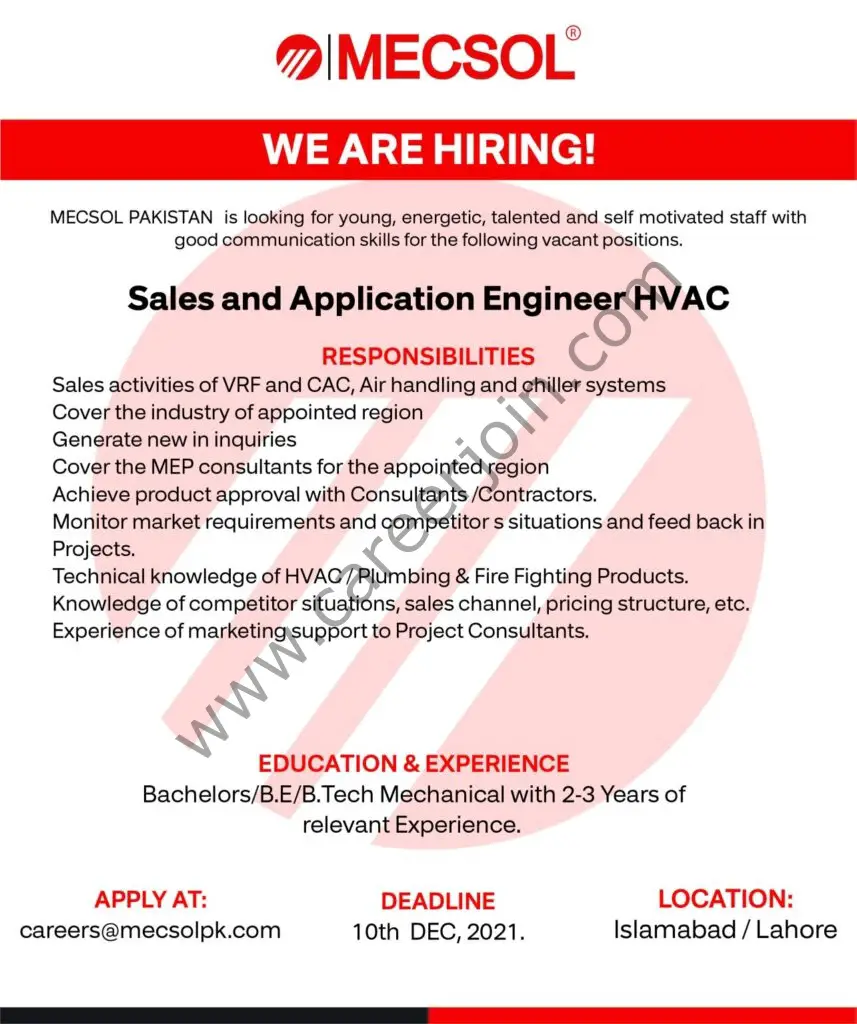 MECSOL Pakistan Jobs Sales & Application Engineer HVAC 01