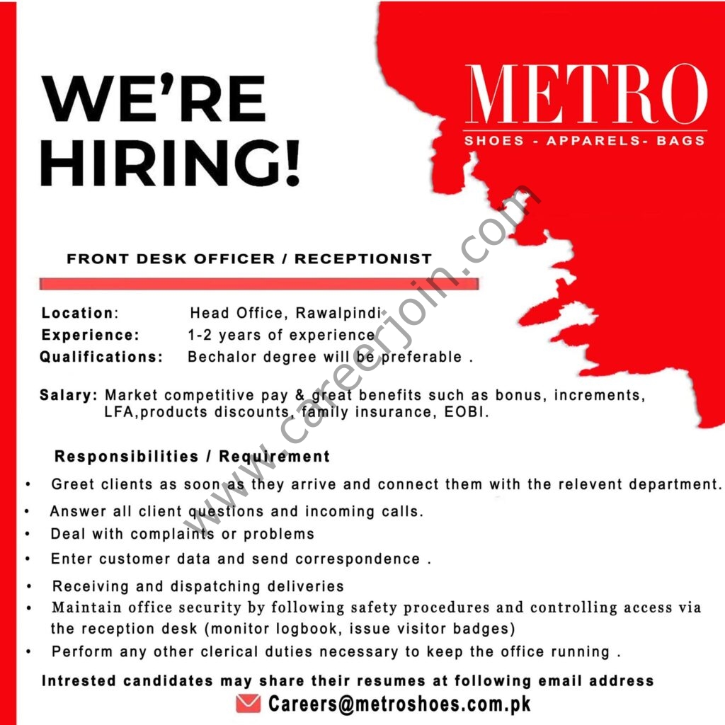 Metro Shoes Jobs Front Desk Officer / Receptionist 01