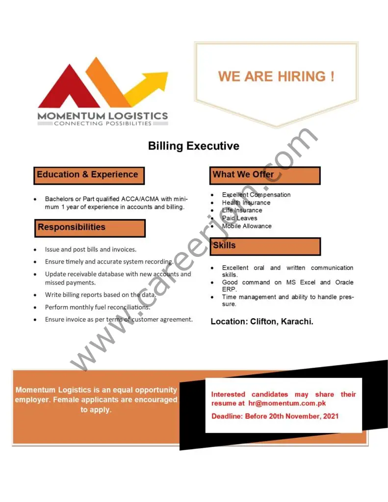 Momentum Logistics Pvt Ltd Jobs Billing Executive 01