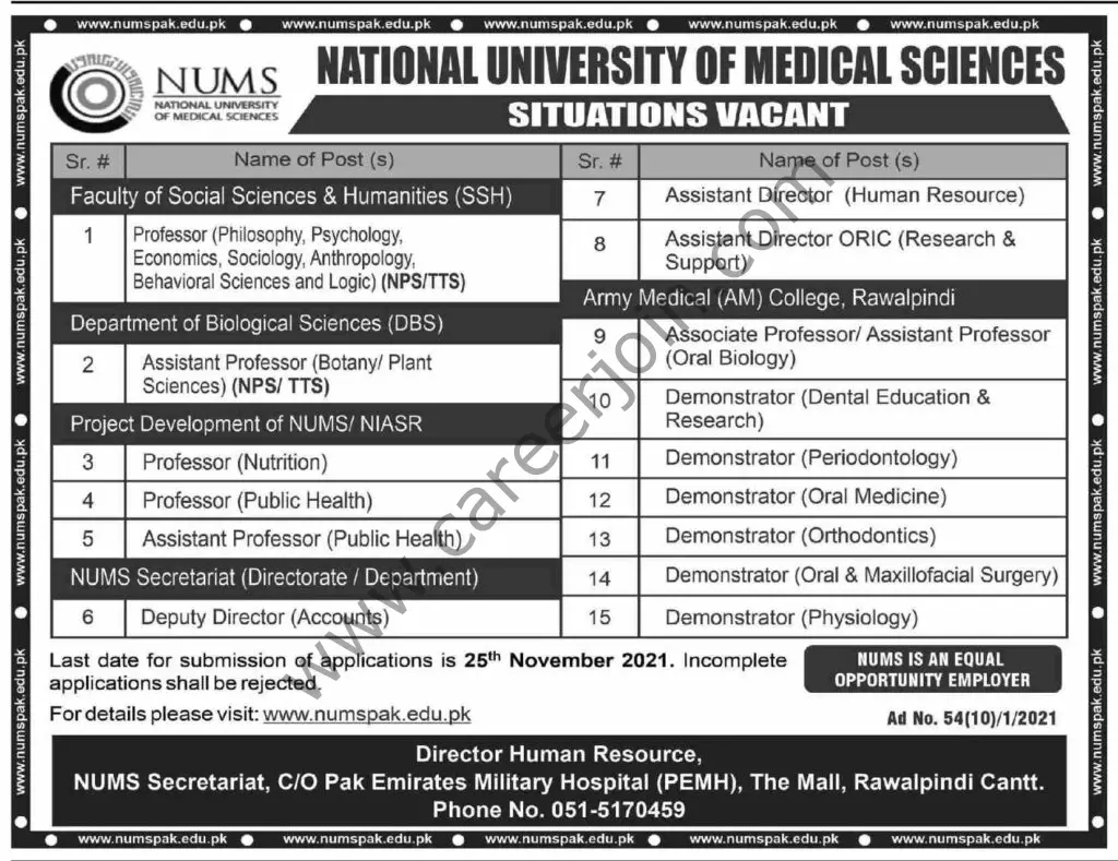 National University of Medical Sciences NUMS Jobs 07 November 2021 Dawn 01