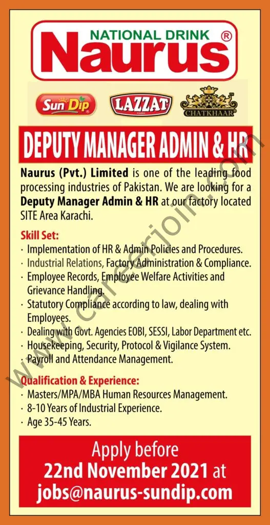 Naurus Pvt Ltd Jobs Deputy Manager Admin & HR 01
