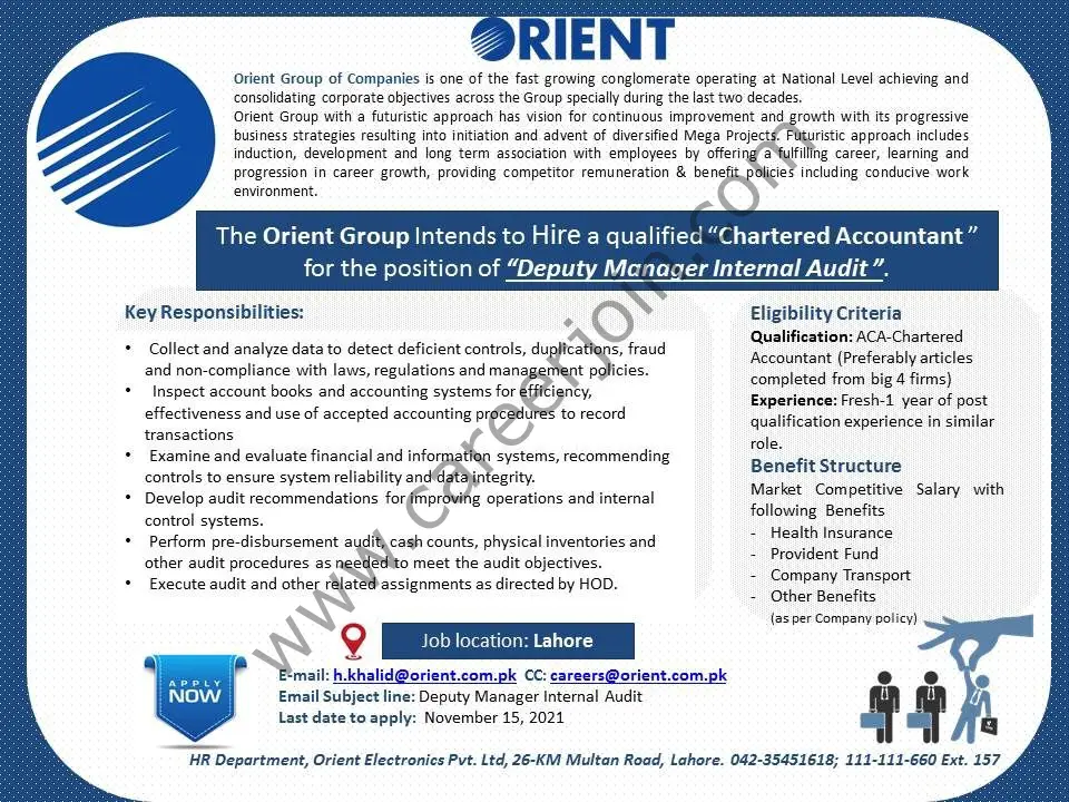 Orient Group Of Companies Jobs Deputy Manager Internal Audit 01