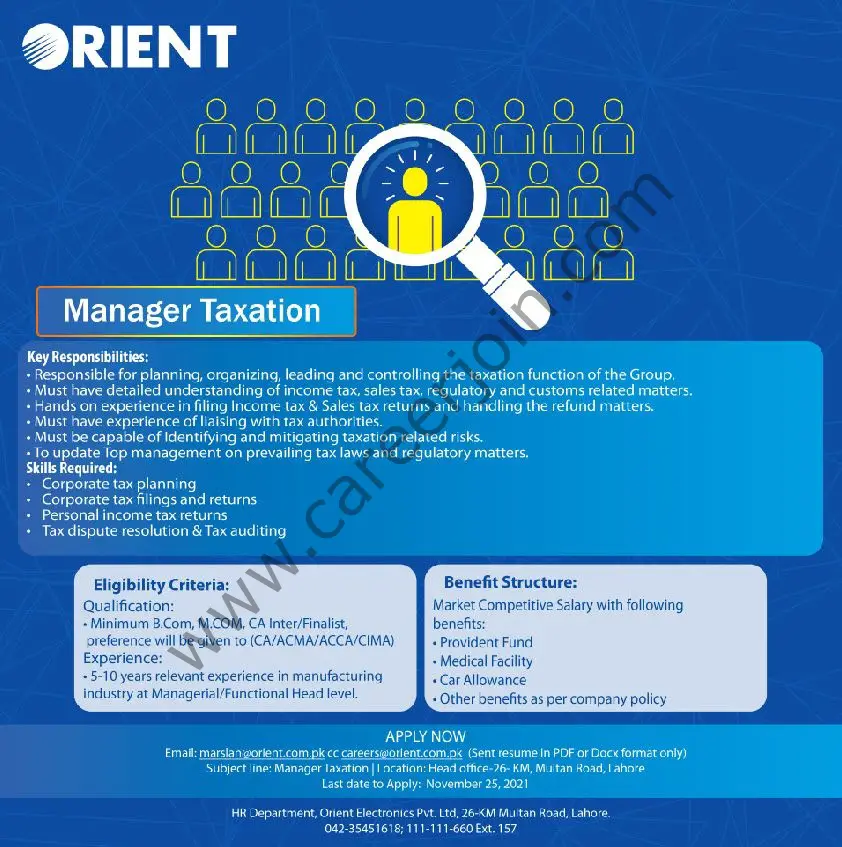 Orient Group Of Companies Jobs Manager Taxation 01