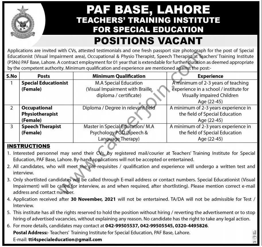 PAF BAse Teachers Training Institute Jobs 21 November 2021 Express Tribune 