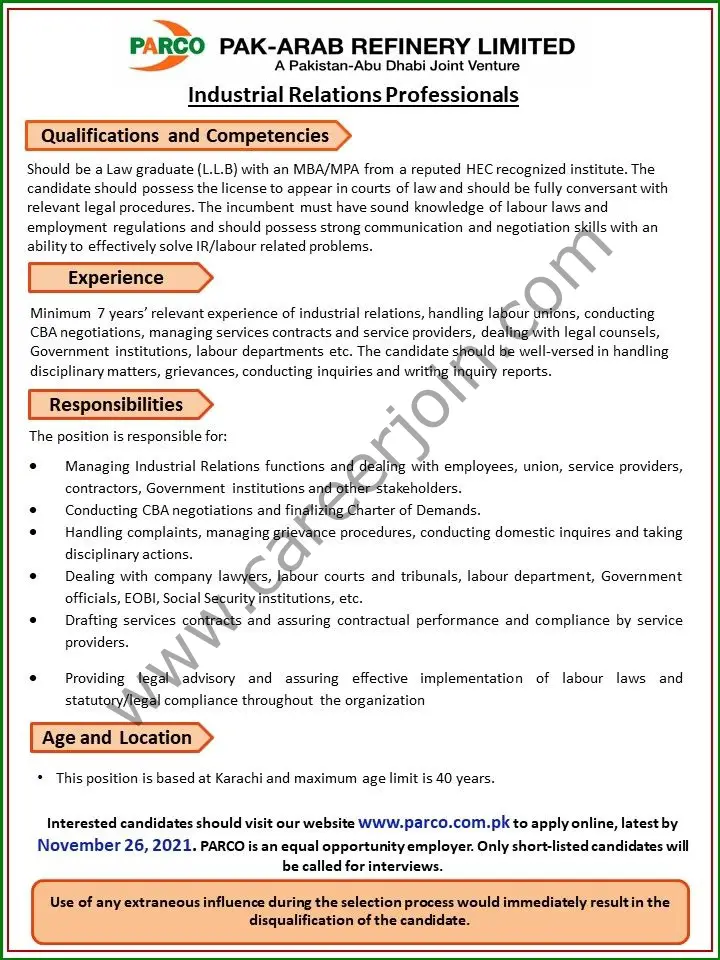 PARCO Pak Arab Refinery Limited Jobs Industrial Relations Professionals 01