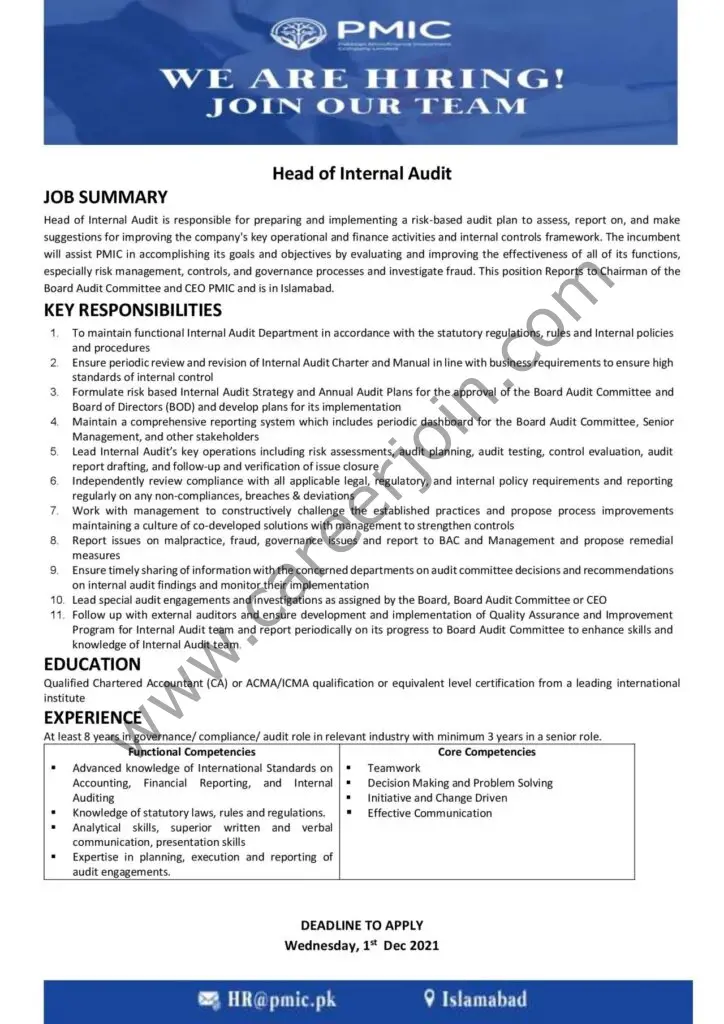 Pakistan Microfinance Investment Company Limited PMIC Jobs Head Of Internal Audit 01