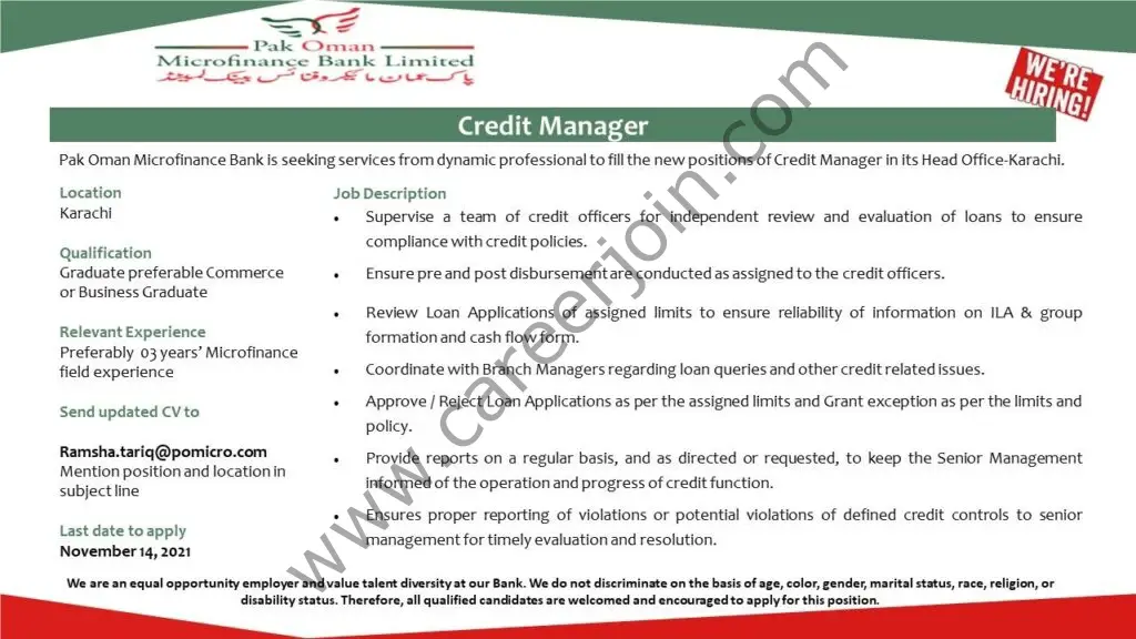 Pak Oman Microfinance Bank Limited Jobs Credit Manager 01