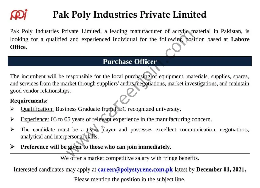 Pak Poly Industries Pvt Ltd Jobs Purchase Officer 01