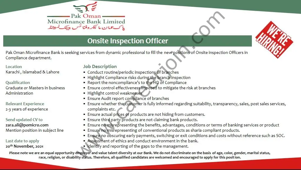 Pak Oman Microfinance Bank Limited Jobs Onsite Inspection Officer 01