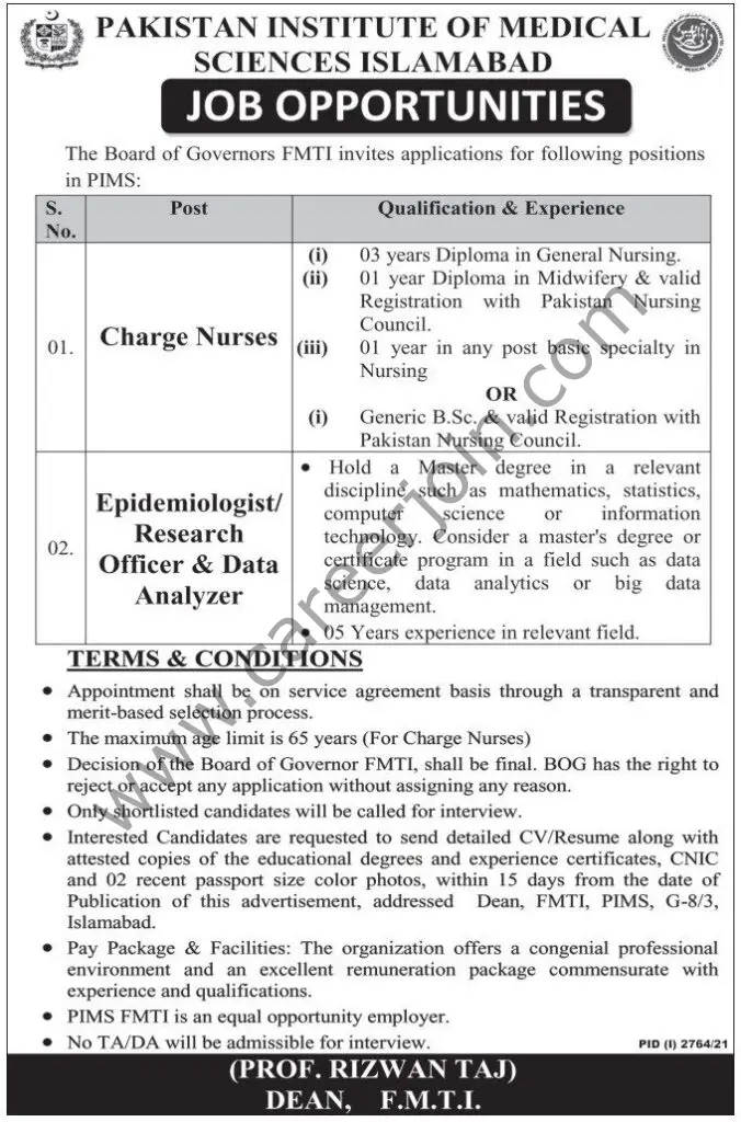 Pakistan Institute Of Medical Sciences PIMS Jobs November 2021 01