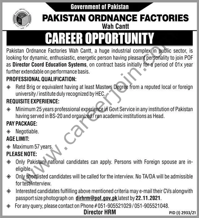 Pakistan Ordnance Factories POF Jobs 07 November 2021 Express 01