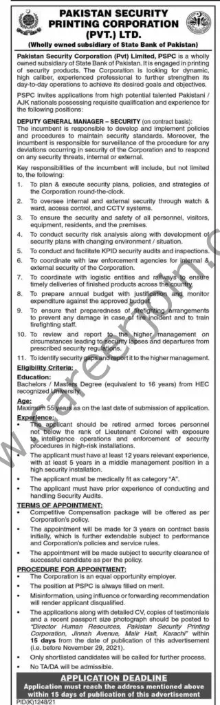 Pakistan Security Printing Corporation Pvt Ltd Jobs 14 November 2021 Dawn 01
