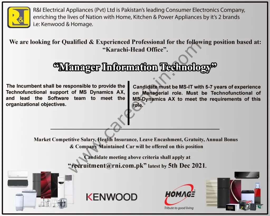 R & I Electrical Appliances Pvt Ltd Jobs Manager Information Technology 01