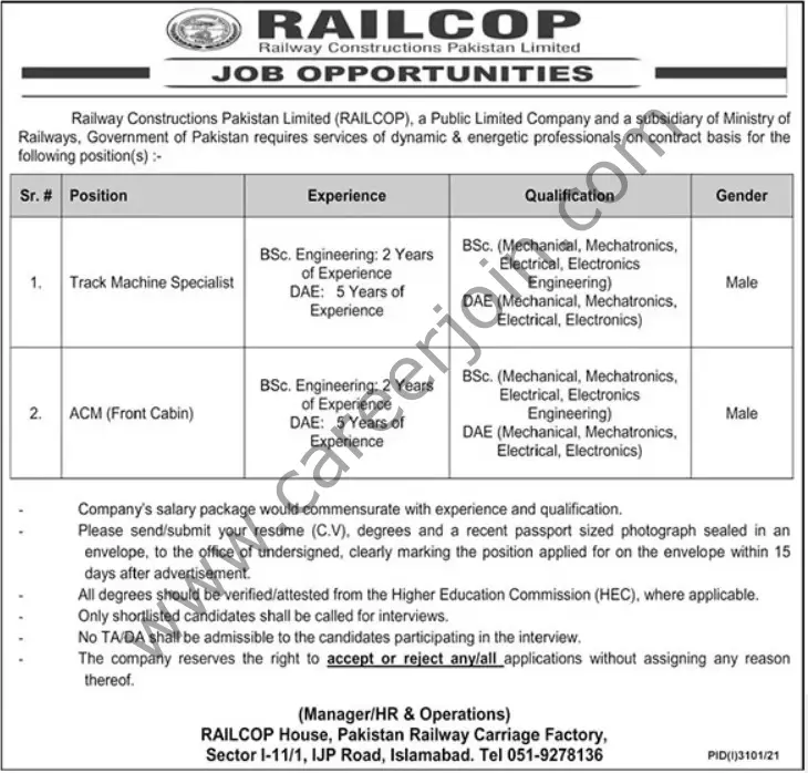 RailCop Railway Constructions Pakistan Ltd Jobs November 2021 01