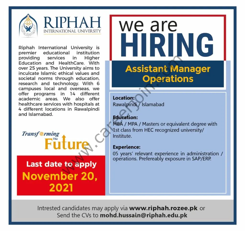 Riphah International University Jobs Assistant Manager Operations 01