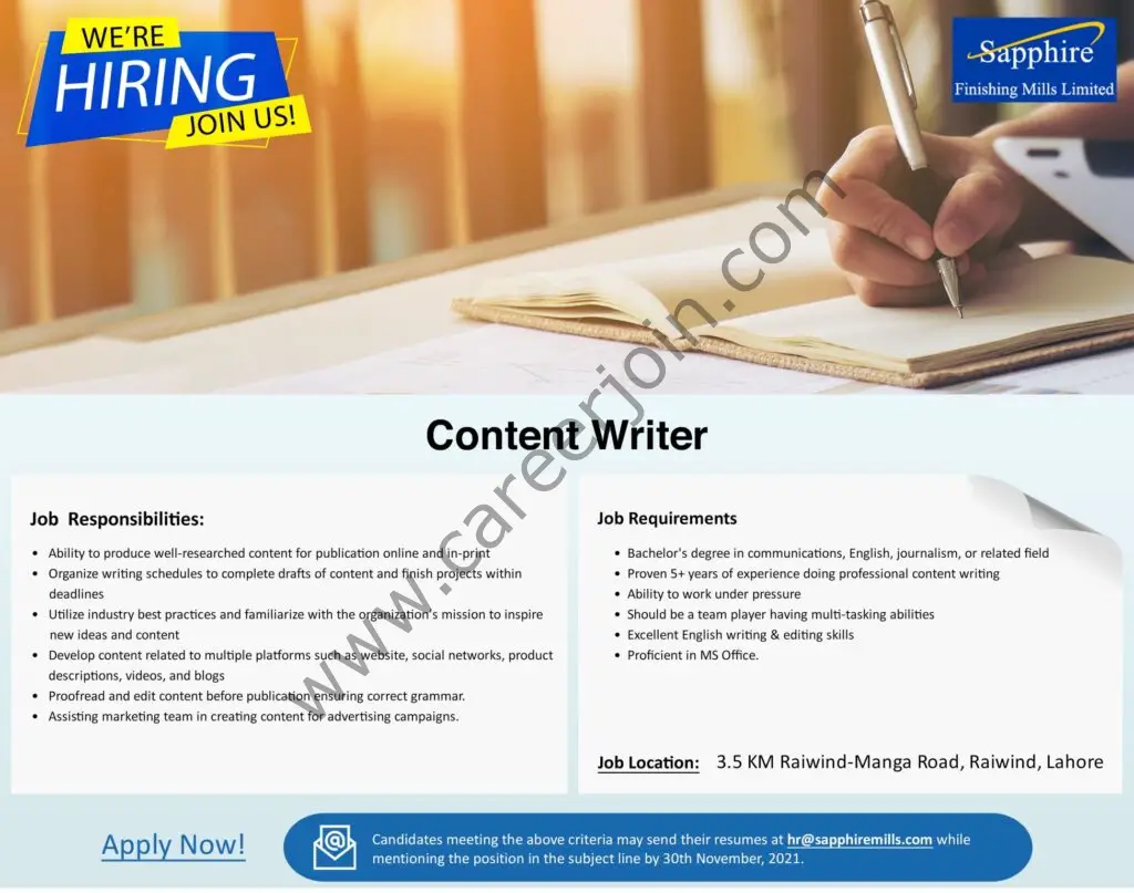 Sapphire Finishing Mills Limited Jobs Content Writer 01