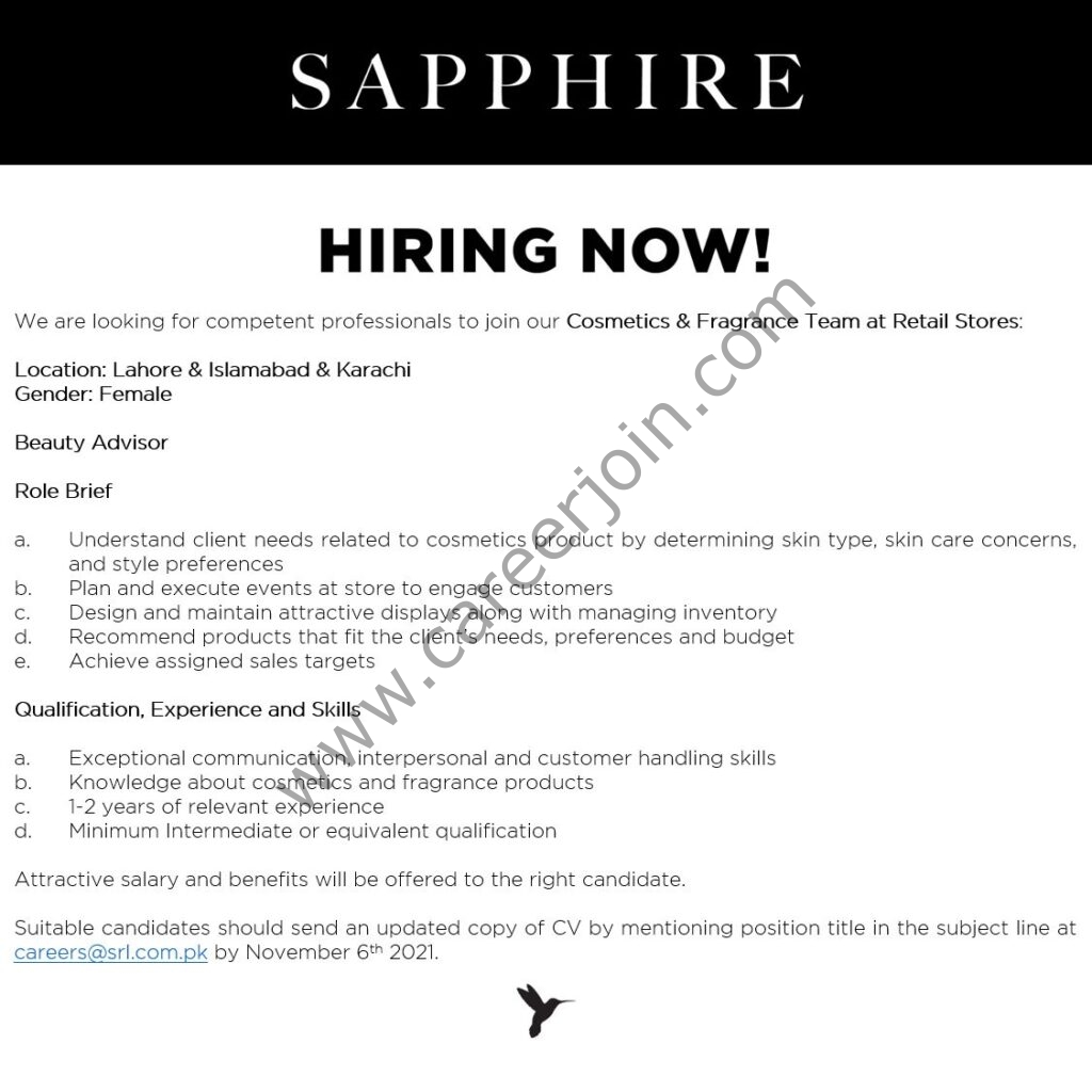 Sapphire Retail Limited SRL Jobs Cosmetics & Fragrance Team 01