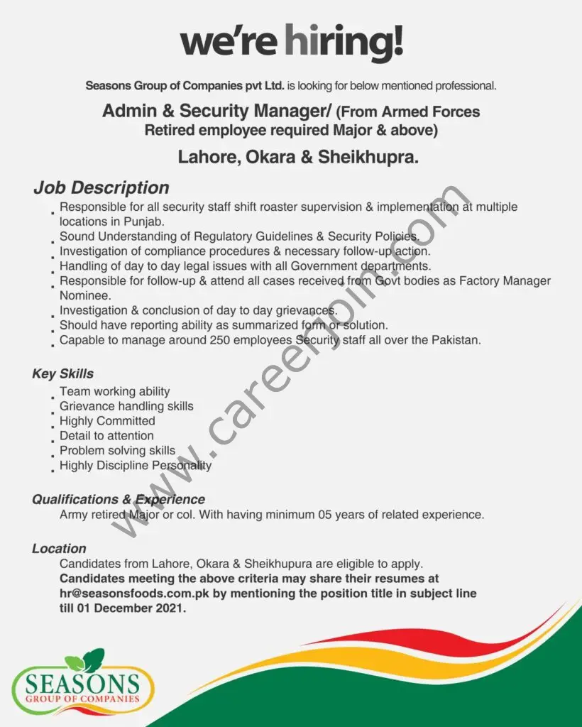 Seasons Group Of Companies Pvt Ltd Jobs Admin & Secutrity Manager 01