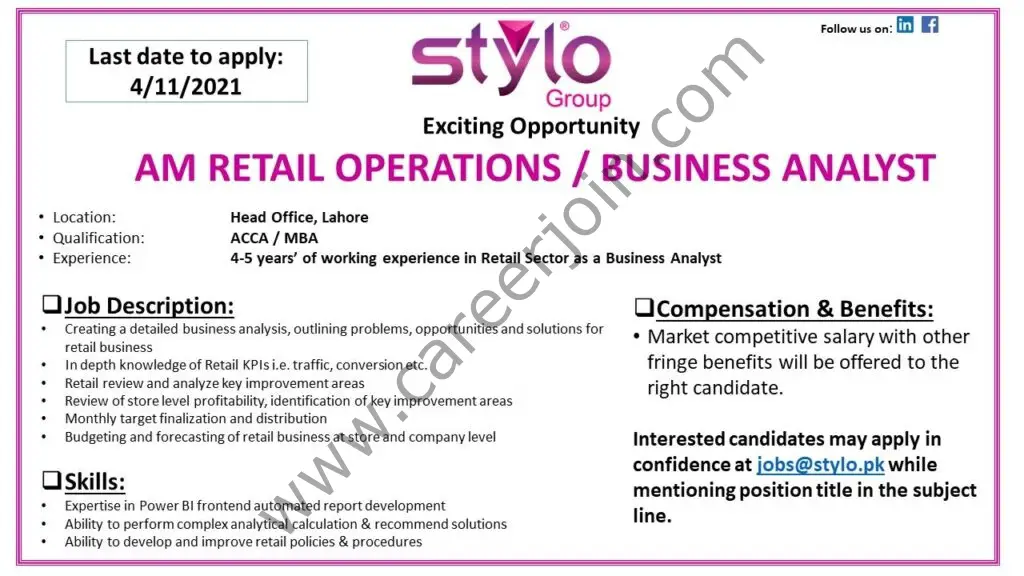 Stylo Pvt Ltd Jobs AM Retail Operations / Business Analyst 01