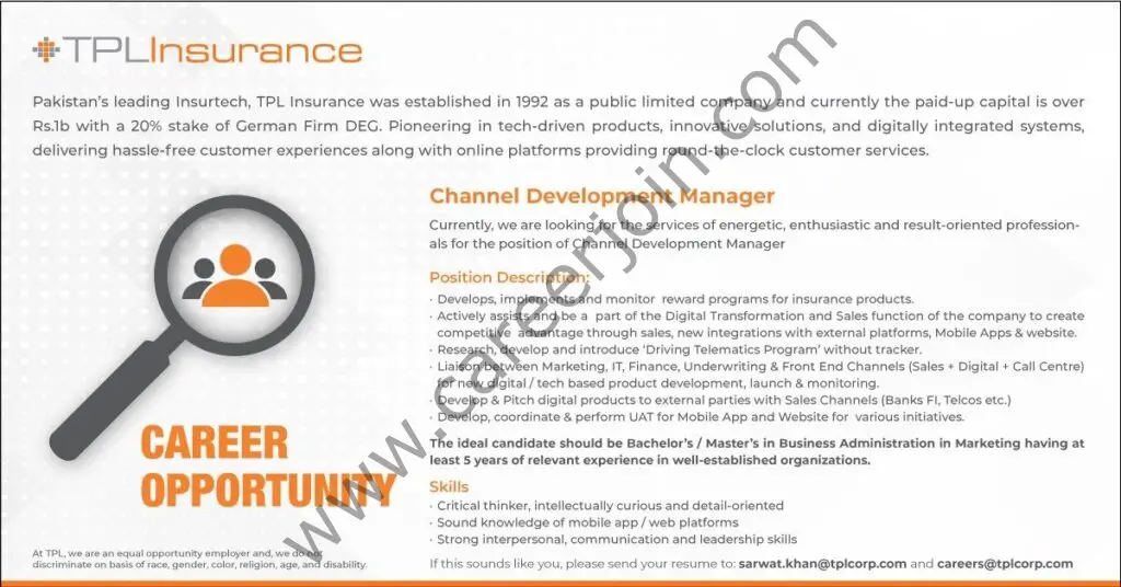 TPL Insurance Jobs Channel Development Manager 01