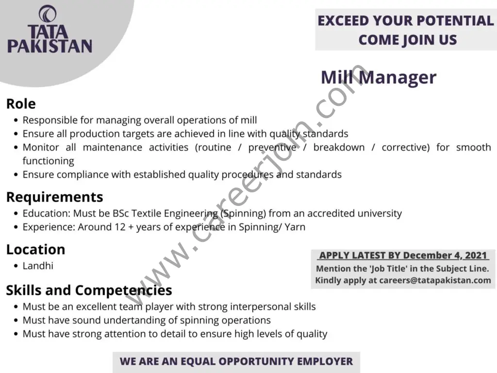 Tata Pakistan Jobs Mill Manager 01