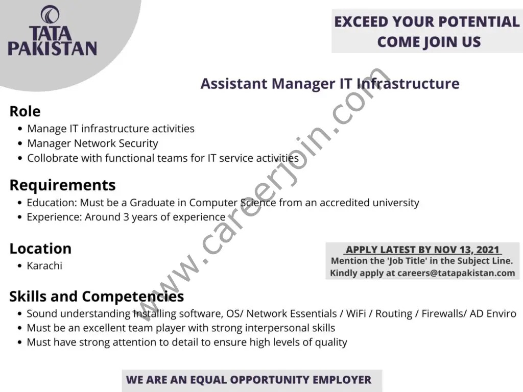 Tata Pakistan Jobs Assistant Manager IT Infrastructure 01