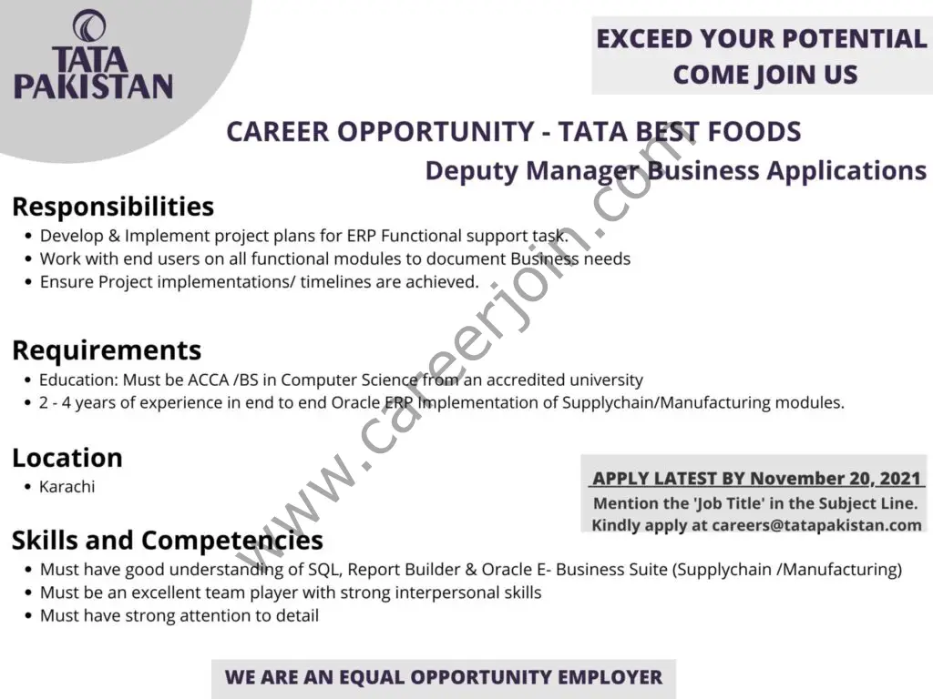 Tata Pakistan Jobs Deputy Manager Business Applications 01