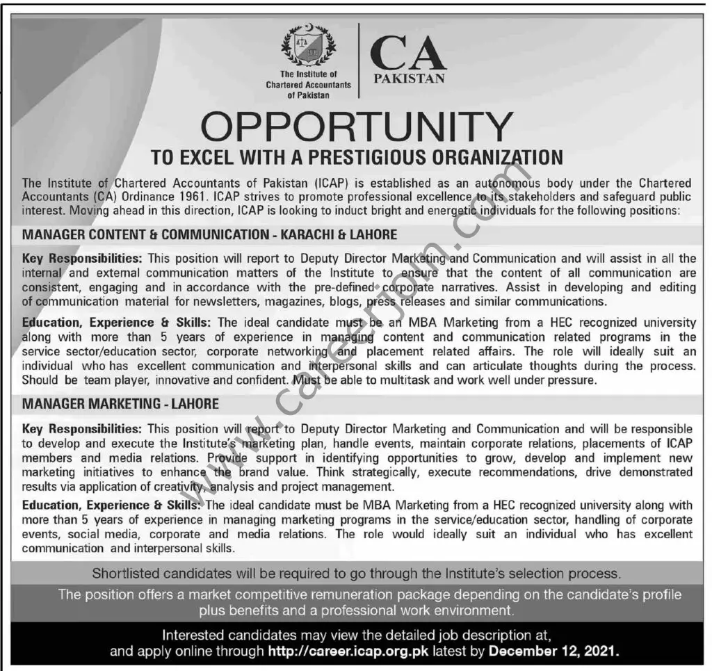 The Institute of Chartered Accountants of Pakistan ICAP Jobs 28 November 2021 Dawn 01