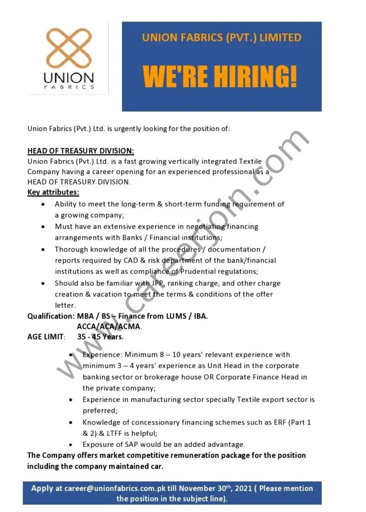 Union Fabrics Pvt Ltd Jobs Head Of Treasury Division 01